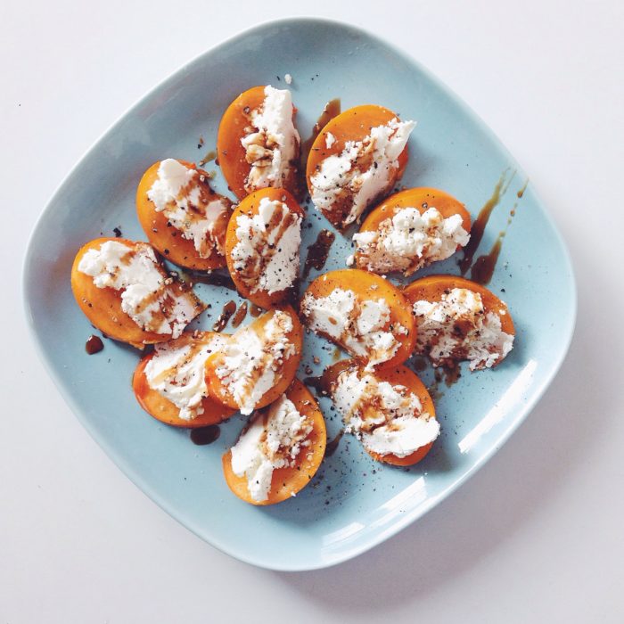 PERSIMMON GOAT CHEESE BITES WITH POMEGRANATE MOLASSES.