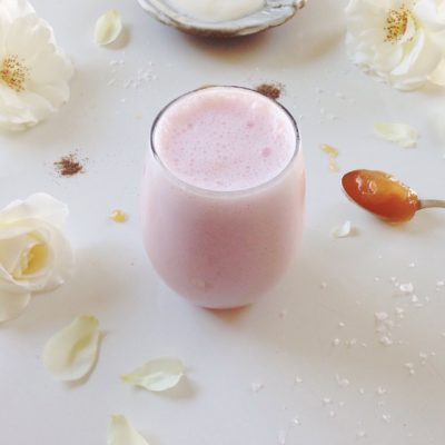 SALTED HONEY ROSE LASSI WITH CARDAMOM.