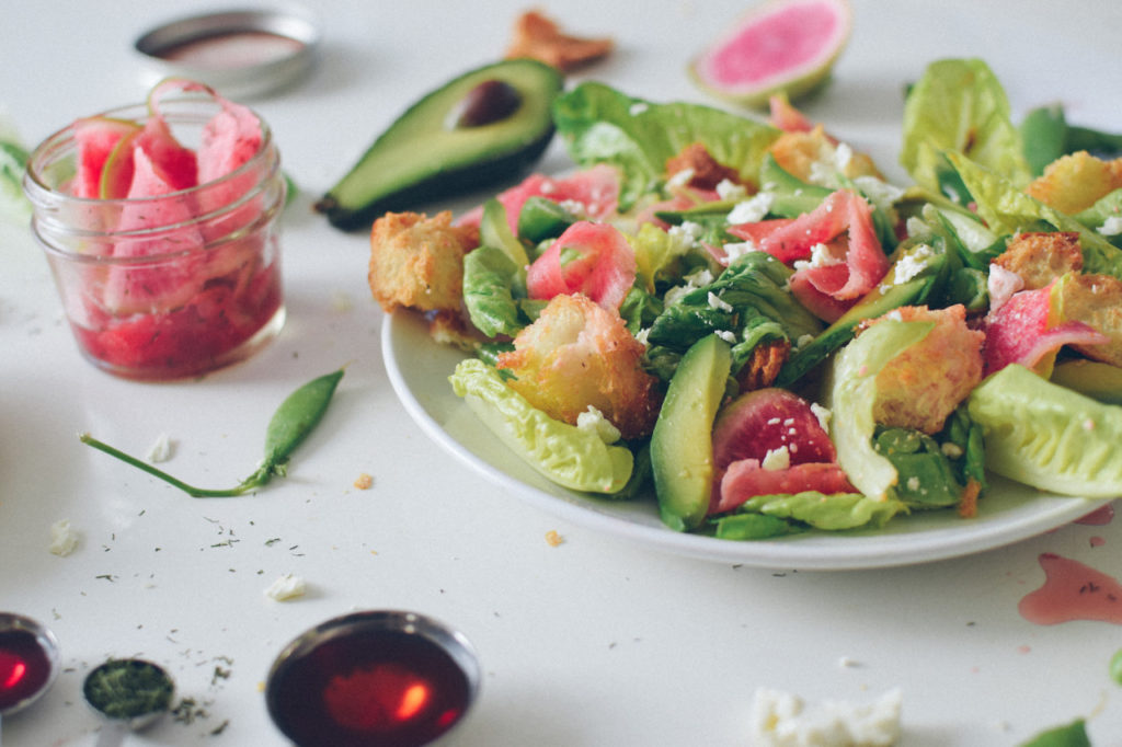 SPRING PANZANELLA WITH QUICK PICKLED RADISHES.