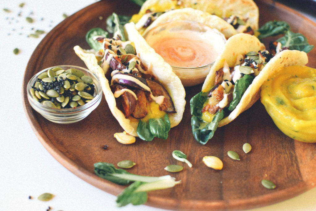 MISO EGGPLANT & SQUASH TACOS WITH ASIAN GREENS.