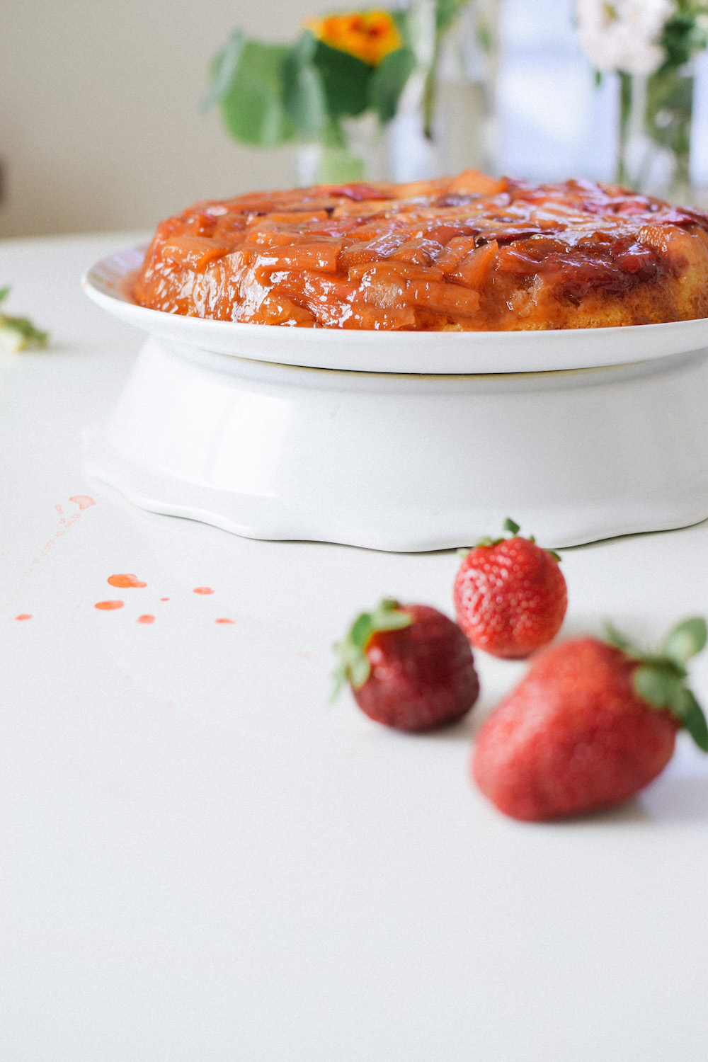 Strawberry Rhubarb Upside Down Cake With Strawberry Coconut Whipped Cream Kale And Caramel