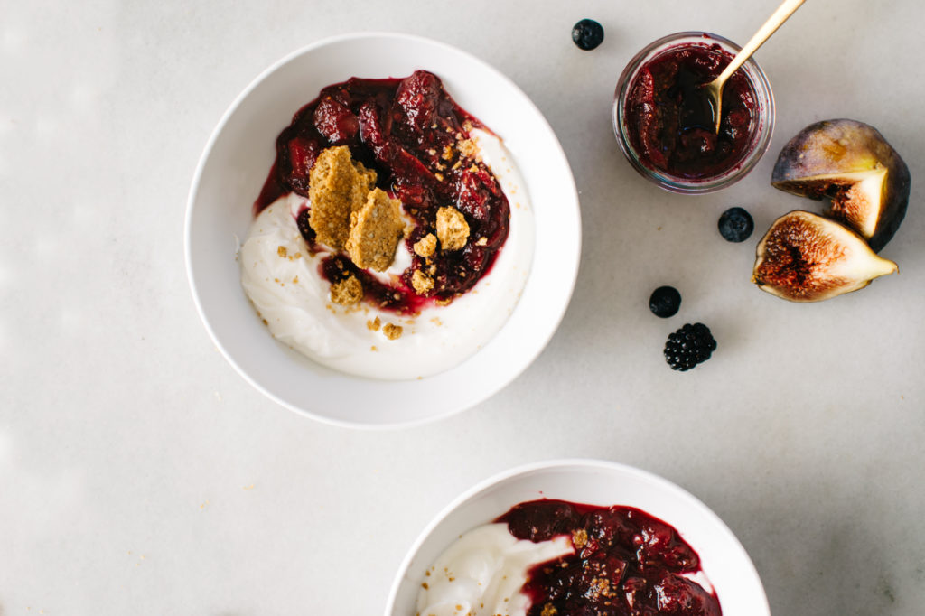 LATE SUMMER FRUIT COMPOTE YOGURT BOWLS WITH OLIVE OIL GRANOLA.