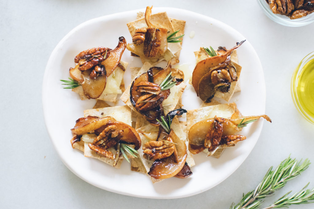 BAKED BRIE, ROSEMARY & CARAMELIZED PEAR CANAPÉS.