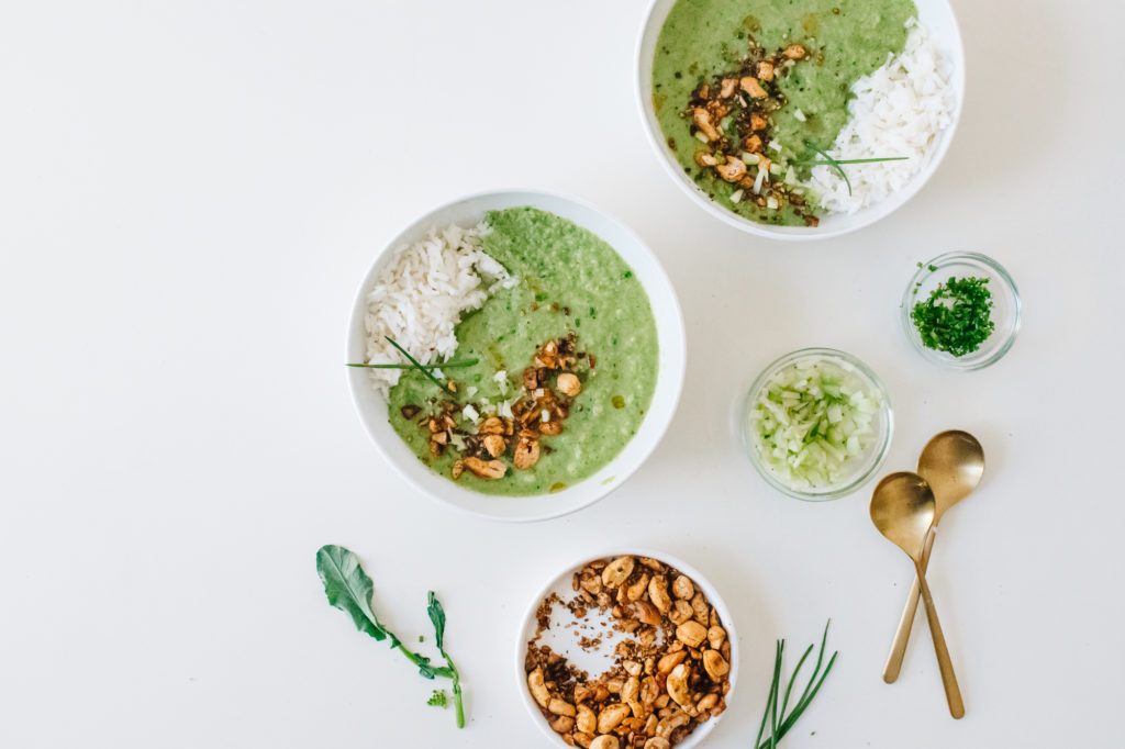MISO BROCCOLI SOUP BOWLS WITH SESAME CHIVE CASHEWS.