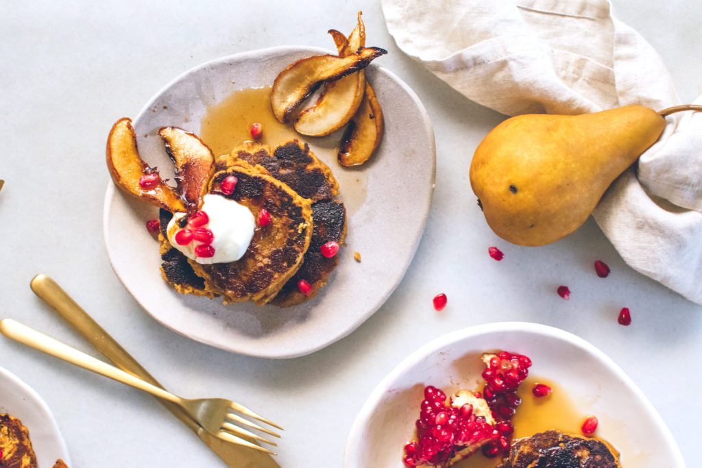 PUMPKIN SPICE PANCAKES WITH MAPLE CARAMELIZED PEARS (GLUTEN-FREE).