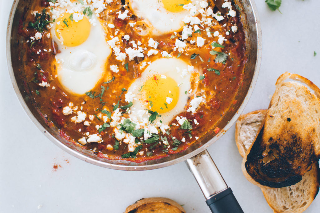 SMOKY SHAKSHUKA WITH GRILLED BREAD.