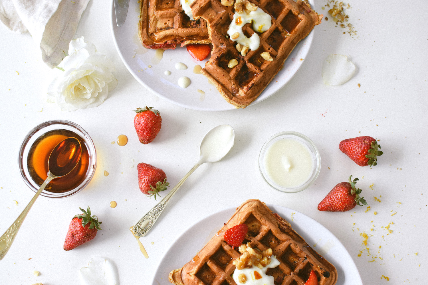 STRAWBERRY ROSEWATER WAFFLES WITH MAPLE TOASTED WALNUTS. | Kale & Caramel