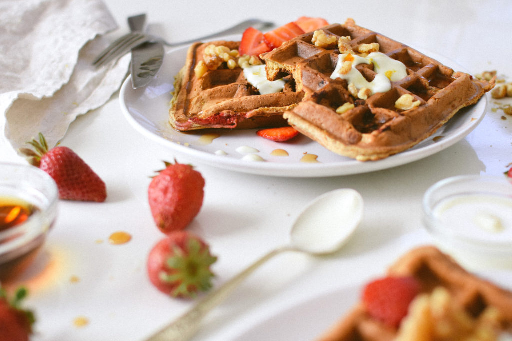 STRAWBERRY ROSEWATER WAFFLES WITH MAPLE TOASTED WALNUTS. | Kale & Caramel