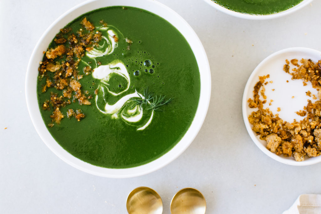 GREENS SOUP WITH CREME FRAICHE & GARLIC CARAWAY BREADCRUMBS.