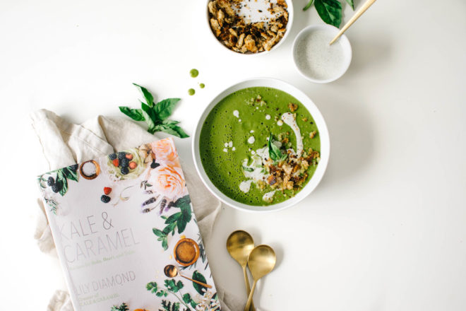 Zucchini Basil Soup with Creamy Hemp Swirl & Garlicky Breadcrumbs from Kale & Caramel Cookbook