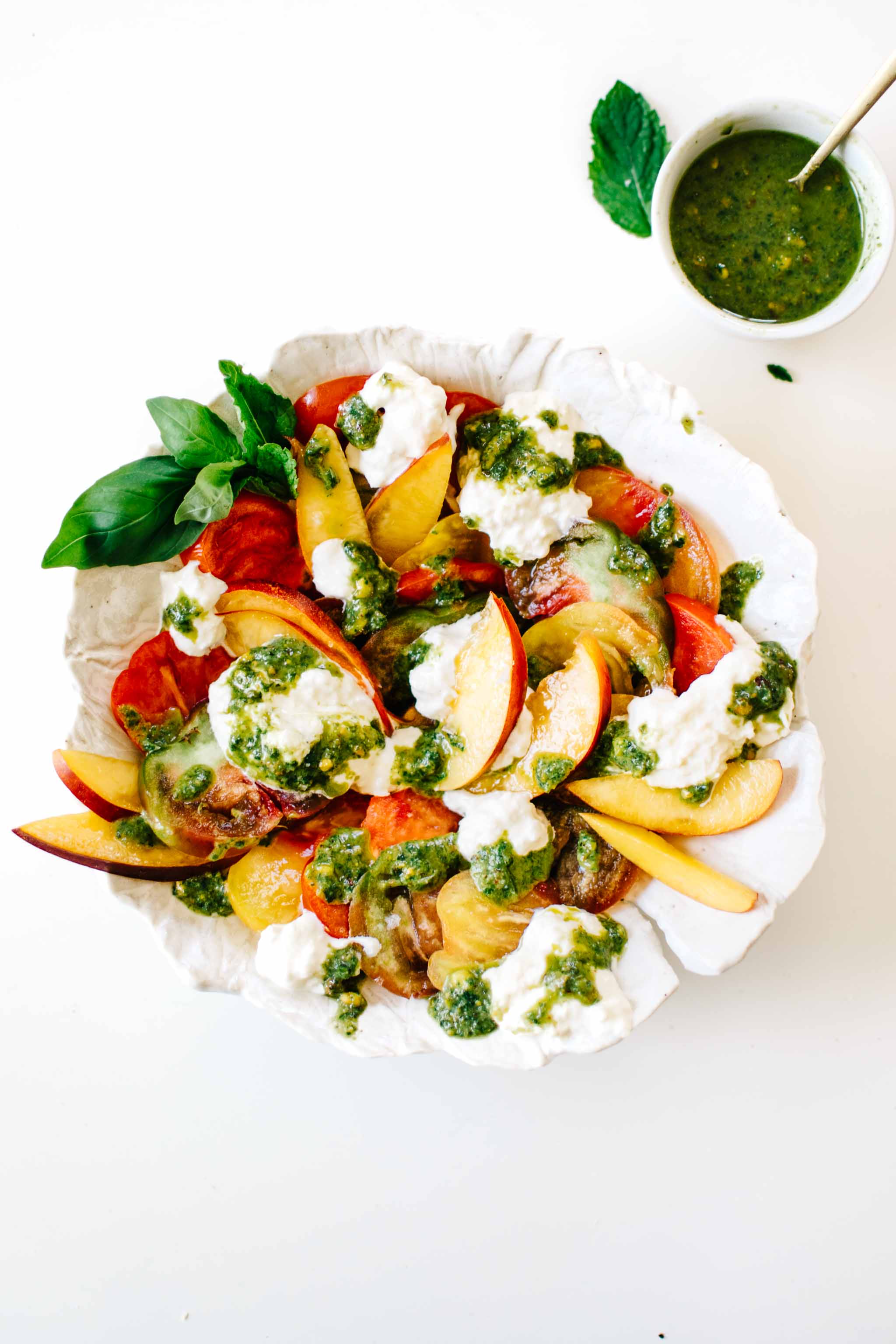 Heirloom Tomato, Nectarine & Burrata Caprese Salad with Pistachio Pesto