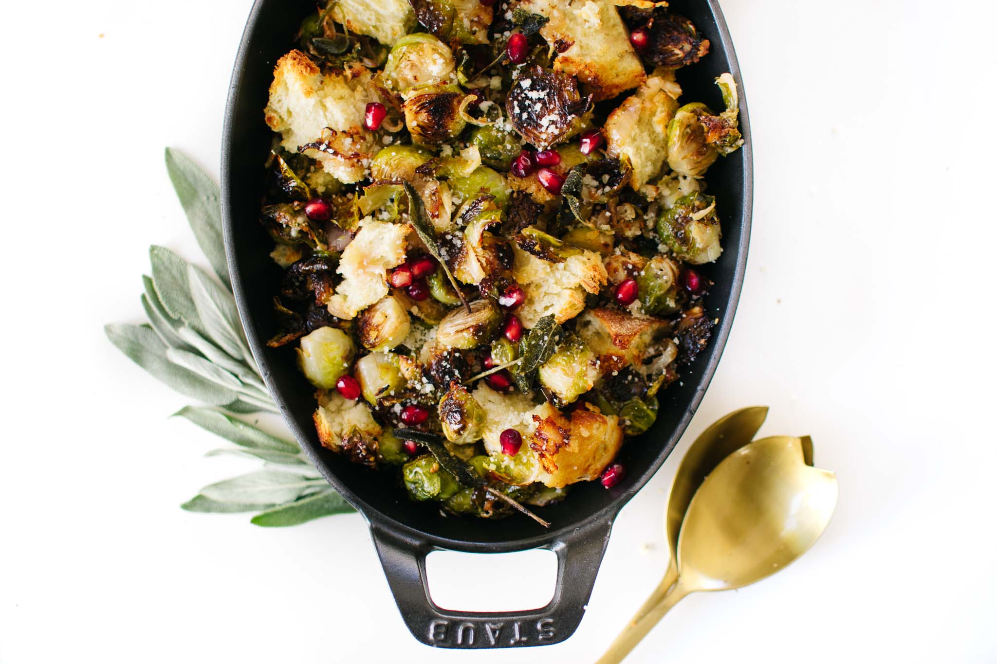 SAGE ROASTED BRUSSELS SPROUTS WITH CHEESY BREAD CHUNKS.