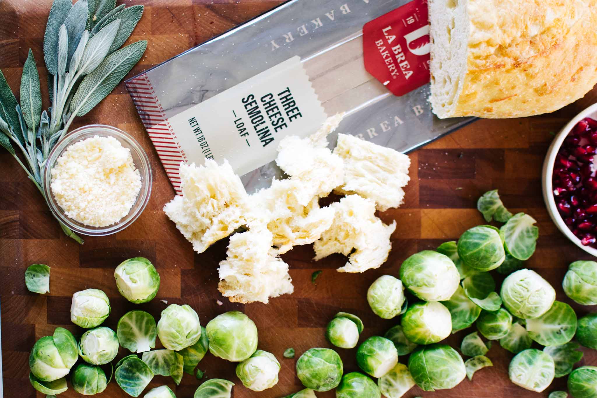 Sage Roasted Brussels Sprouts with Cheesy Bread Chunks