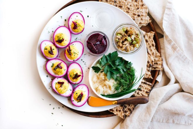 Vegetarian Passover Seder Plate with Beet-Pickled Deviled Eggs