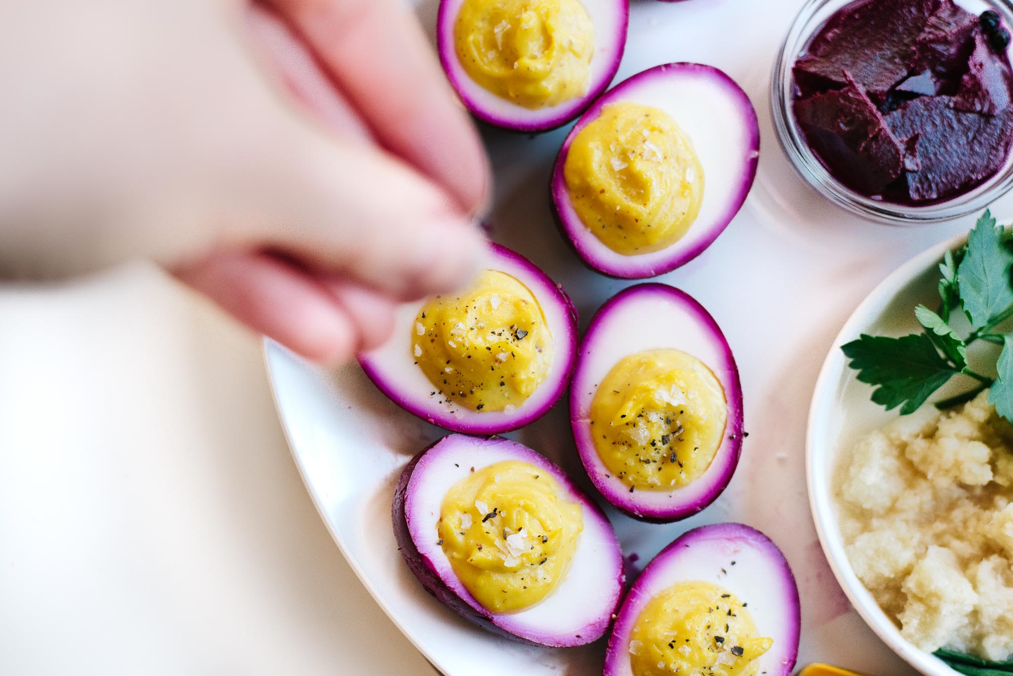 Vegetarian Passover Seder Plate with Beet-Pickled Deviled Eggs
