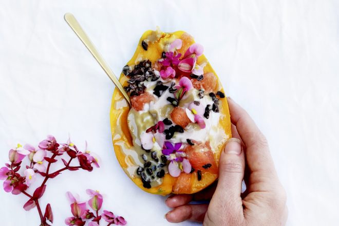 Papaya with Yogurt & Flowers